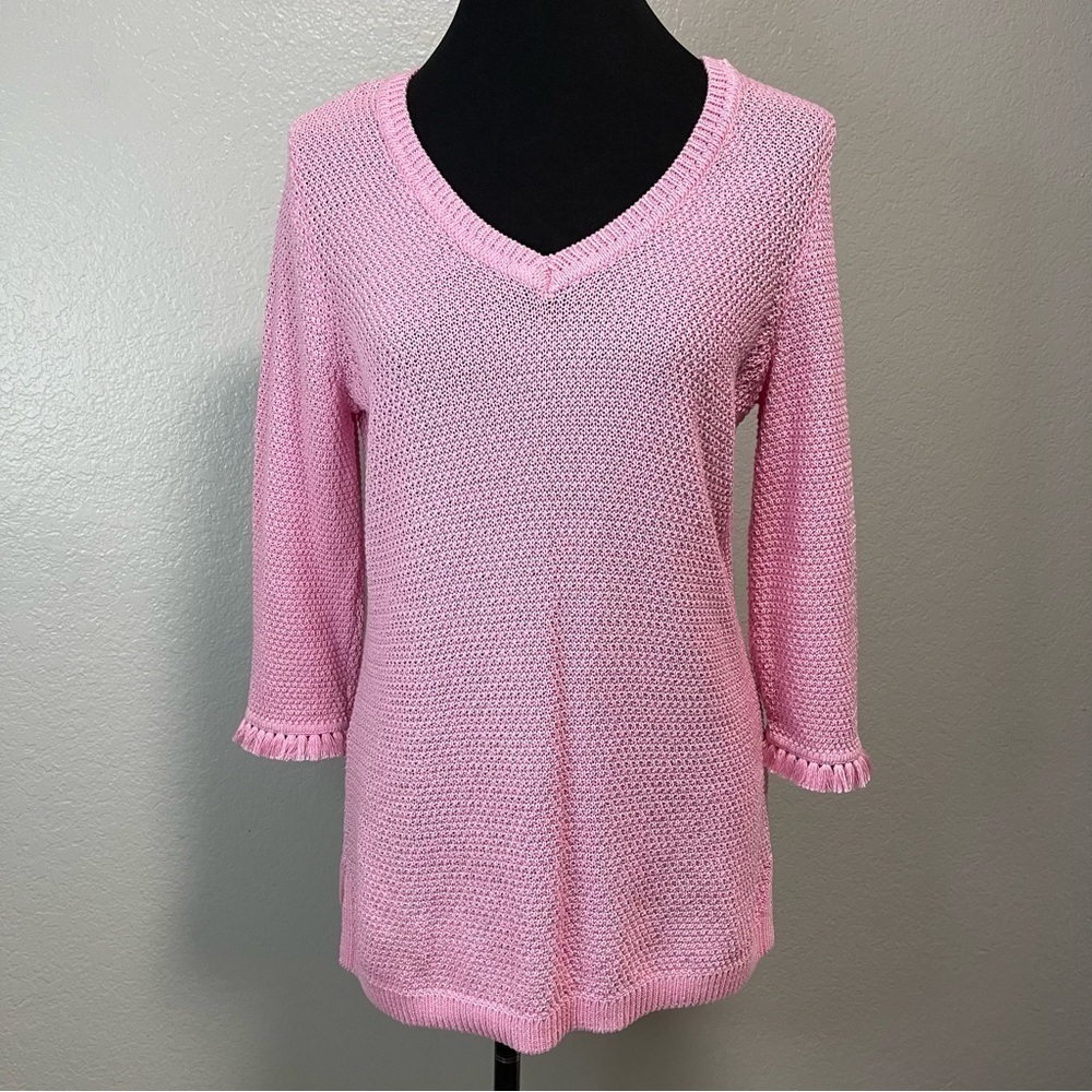 Talbots Pink Knit Vneck Tassled Quarter Sleeve Womens Sweater Small